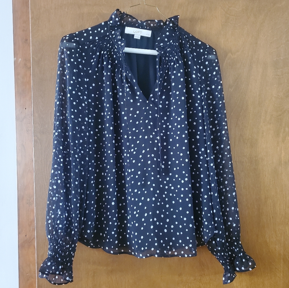 LOFT Petites Sheer Black with White Polka Dots Blouse